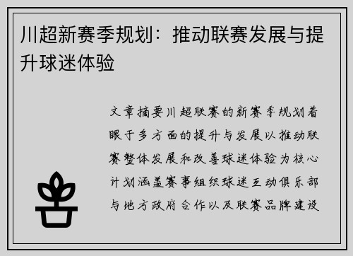 川超新赛季规划：推动联赛发展与提升球迷体验