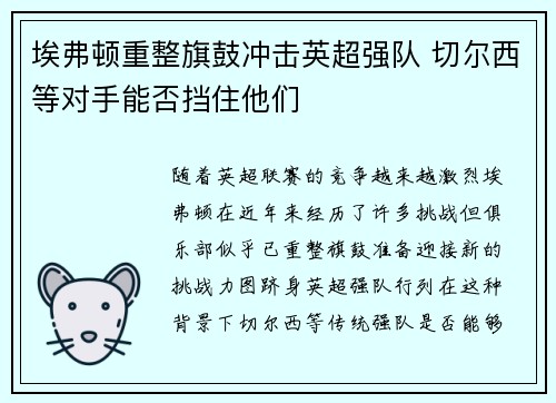 埃弗顿重整旗鼓冲击英超强队 切尔西等对手能否挡住他们 埃弗顿重整旗鼓冲击英超强队 切尔西等对手能否挡住他们